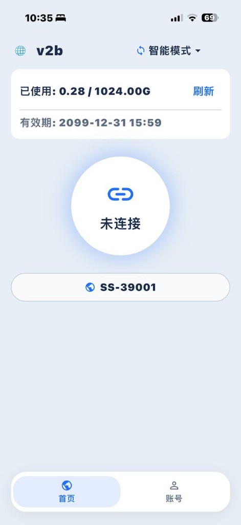 TopoLink main interface showing unused connection status, traffic usage, expiry date, and the selected configuration.